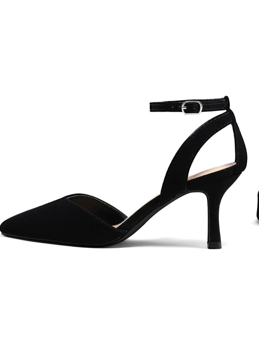 Women's Black Nu buck Pumps Shoes Pointed Toe Kitten Low Heels Ankle Strap
